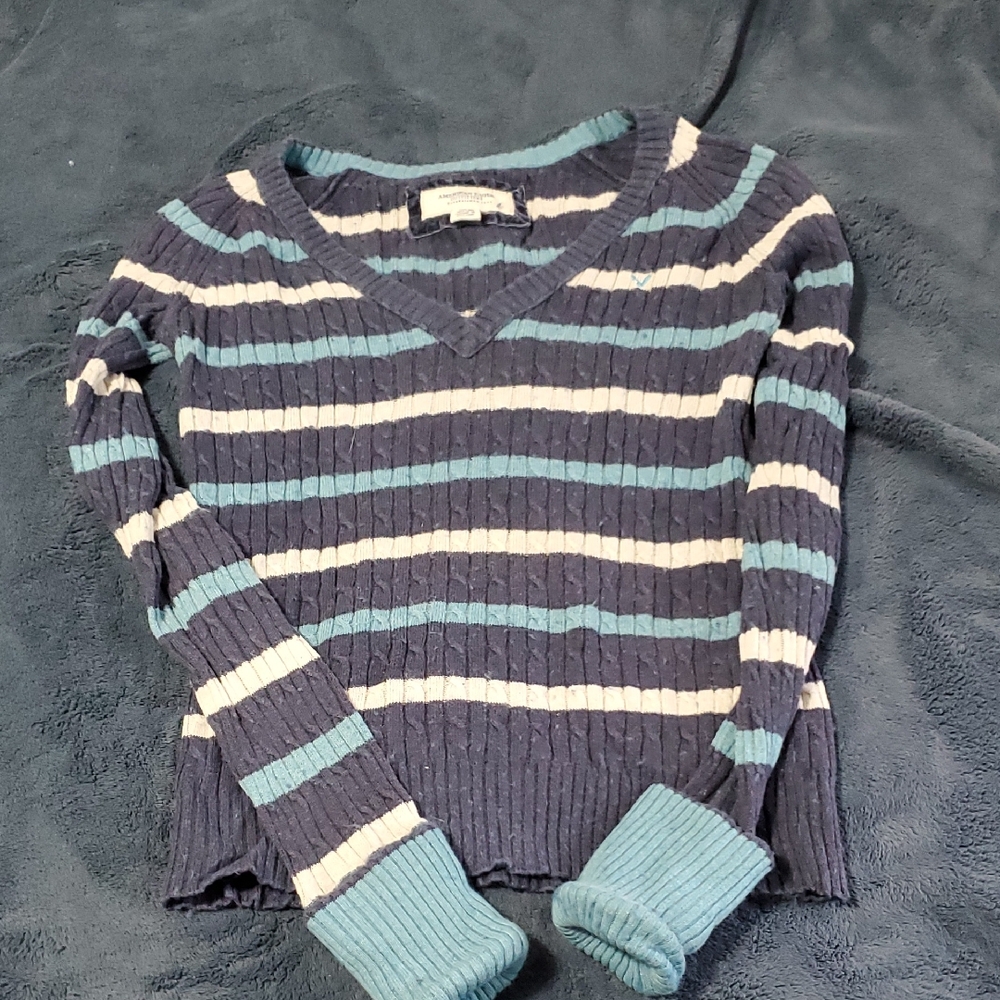 American Eagle Outfitters Blue and White V-Neck Sweater